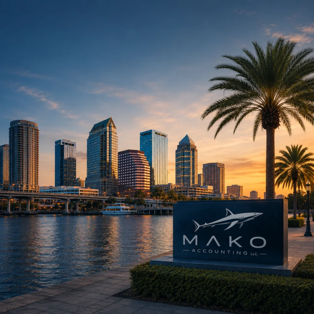 Mako Accounting monument sign on the Tampa waterfront at sunset, with the downtown skyline behind it